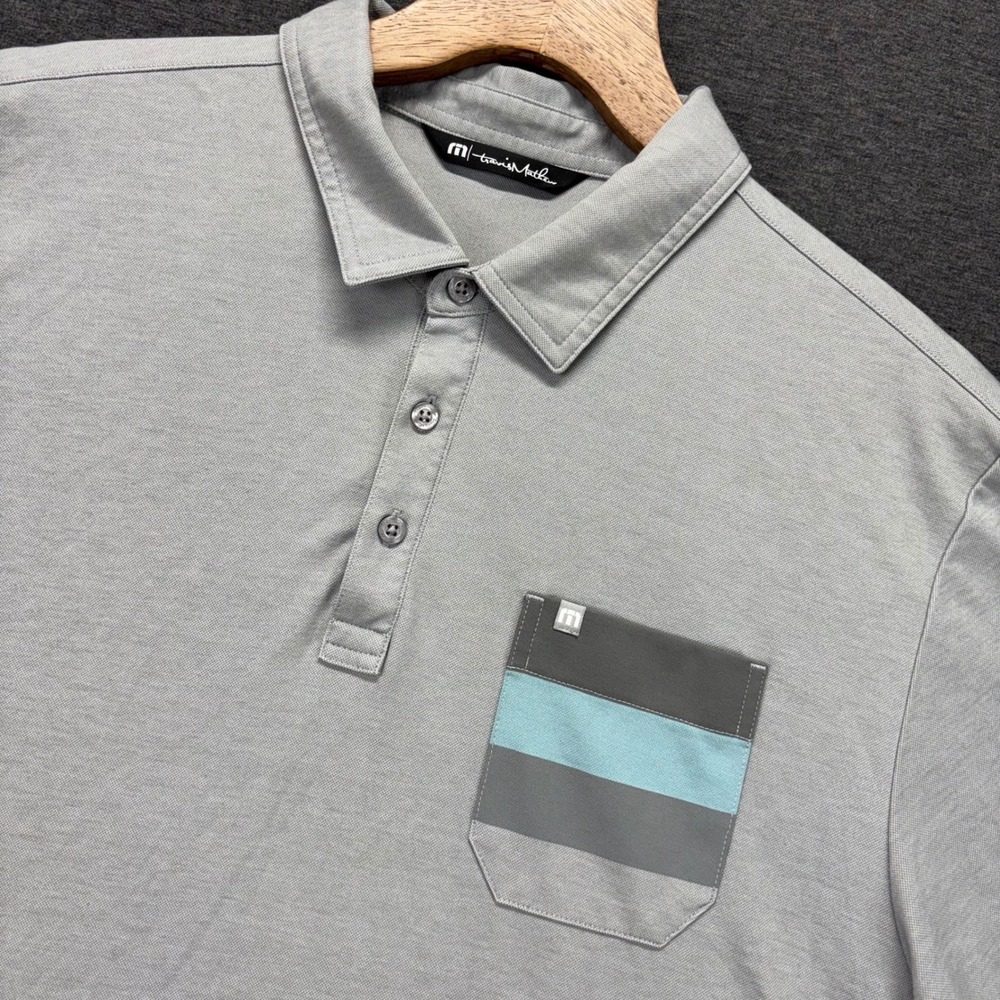 Travis Mathew Mens XL Gray Performance Polo Shirt Striped Pocket Golf active
